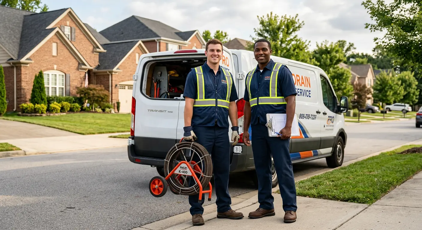 Sewer and drain service team with equipment ready for work in Parker